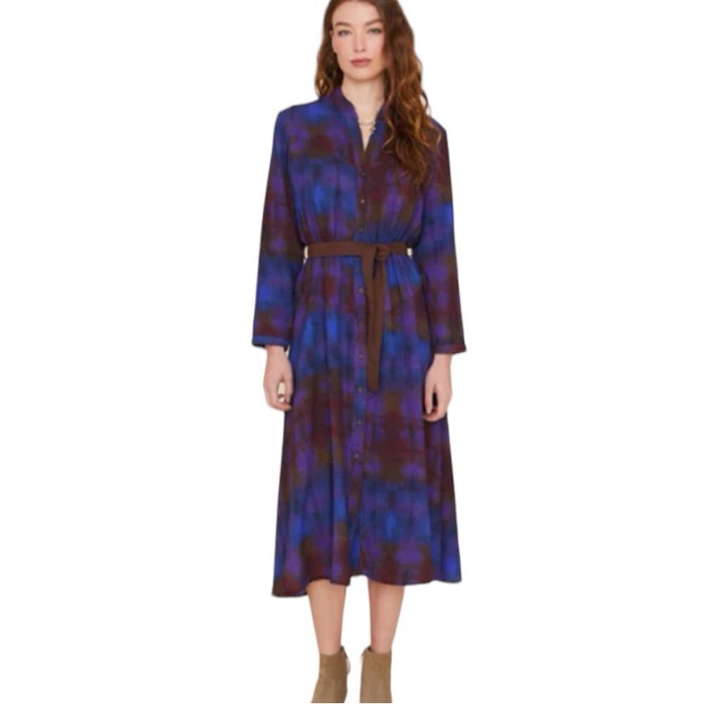 Xirena Persephone Midi Dress in Plaid Celestial Blue Multi